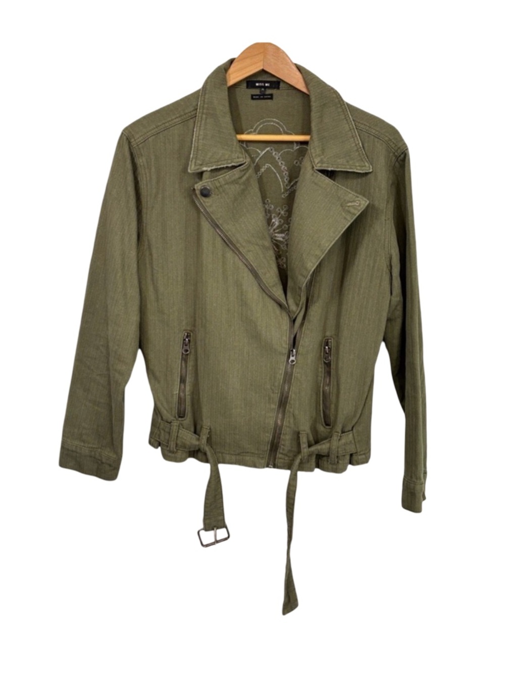 Miss Me Green Utility Jacket with Asymmetrical Zipper and Adjustable Waist